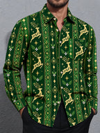 Oceanlyte Men's Printed Christmas Elk Print Long Sleeve Shirt with Chest Pocket