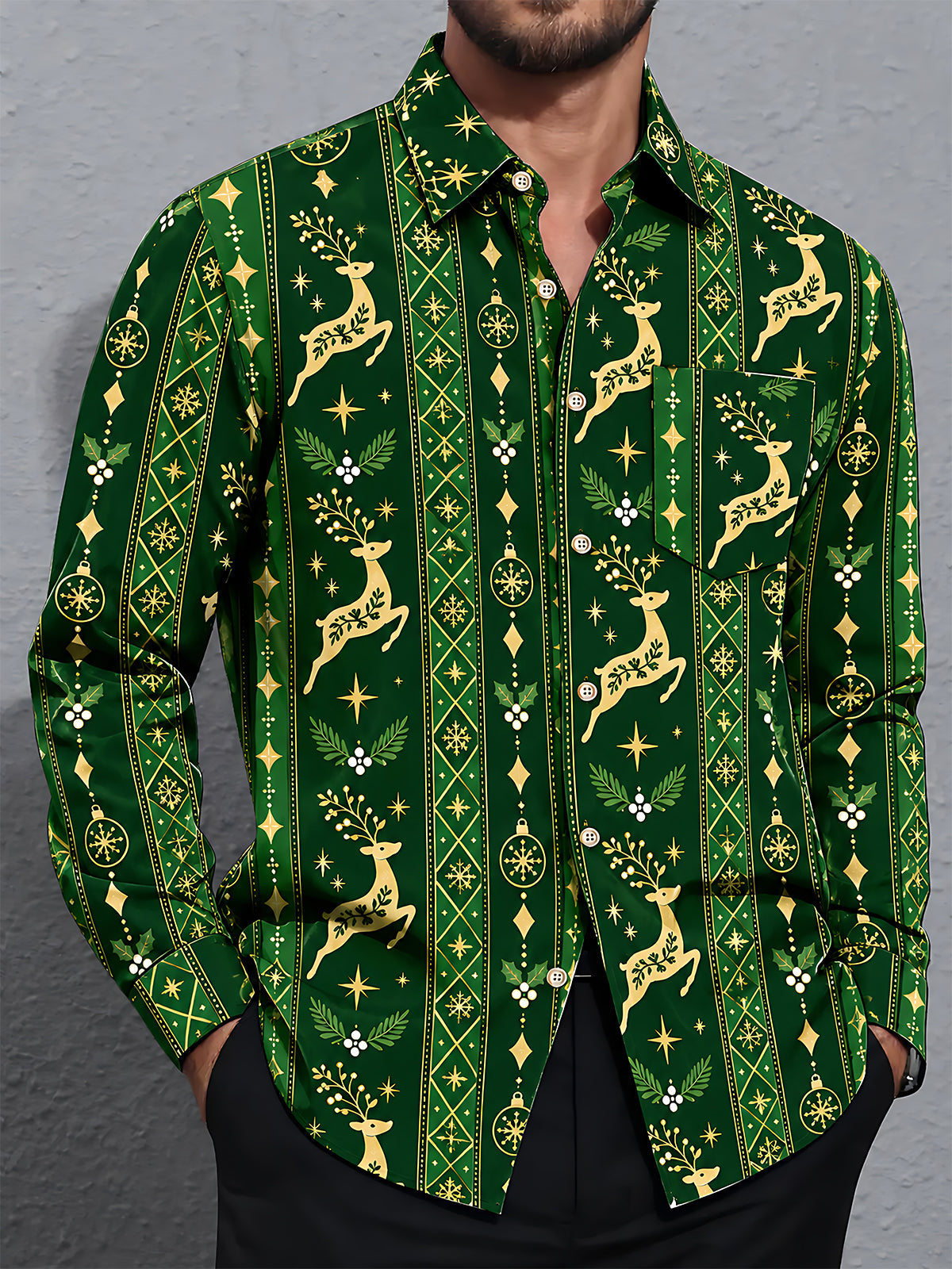 Oceanlyte Men's Printed Christmas Elk Print Long Sleeve Shirt with Chest Pocket