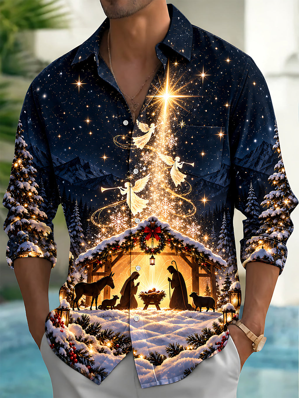 Oceanlyte Men's Printed Nativity Scene Print Long Sleeve Shirt with Chest Pocket