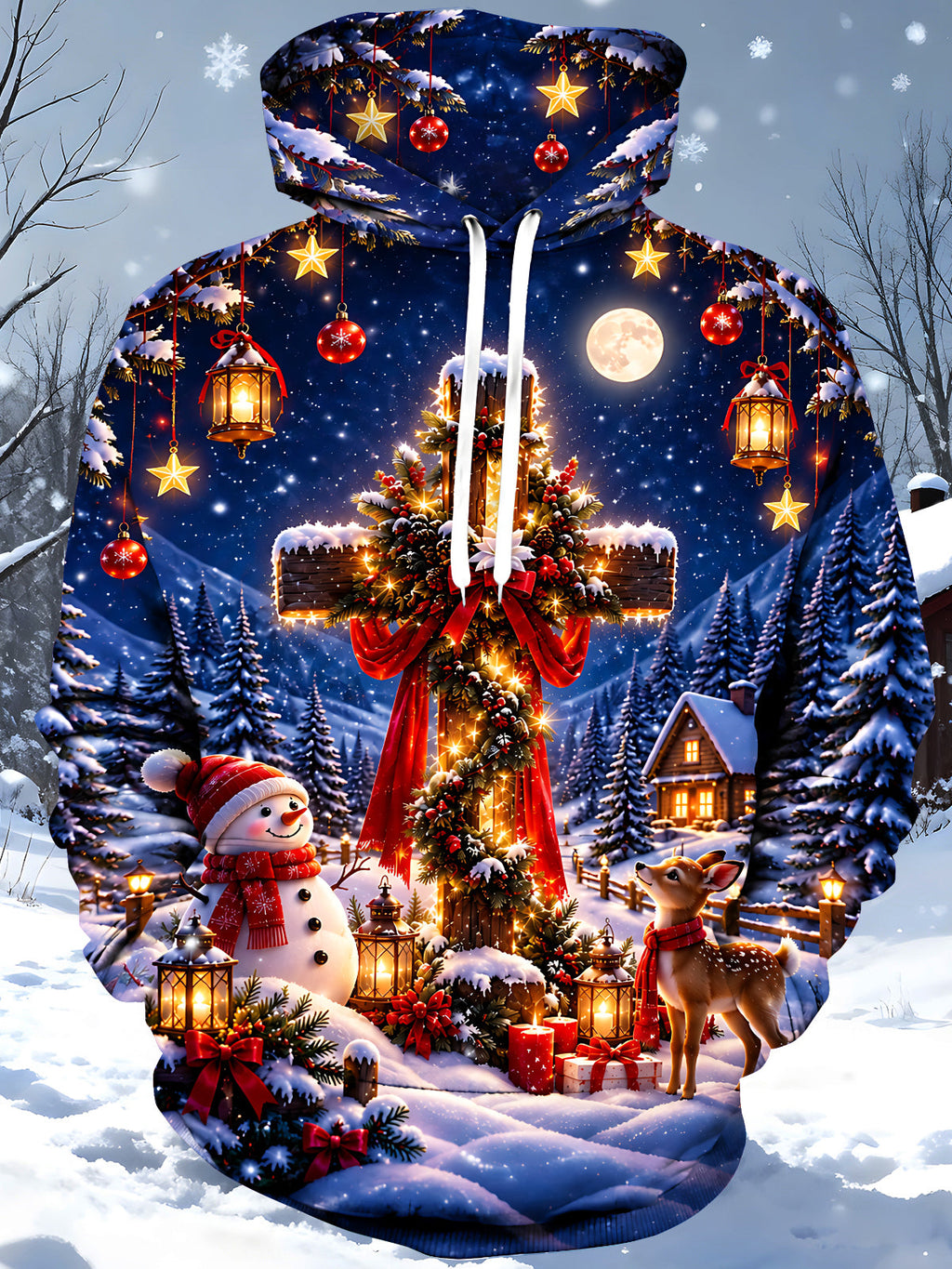 Oceanlyte Men's Graphic Christmas Cross Print Long Sleeve Hoodie with Chest Pocket