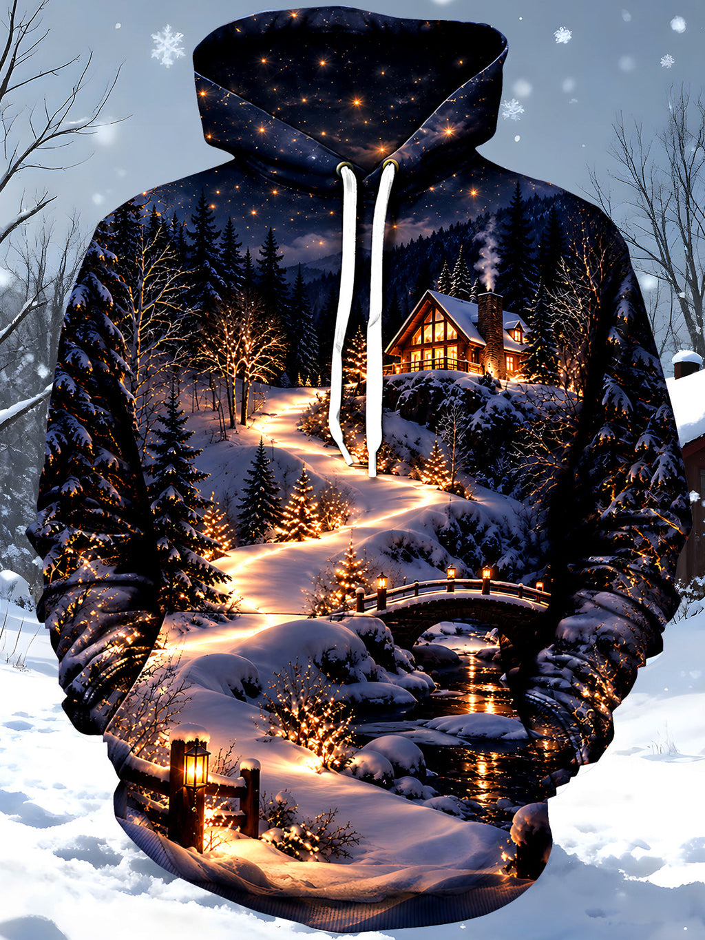 Oceanlyte Men's Graphic Winter Night Landscape Print Long Sleeve Hoodie with Chest Pocket