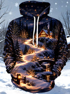 Oceanlyte Men's Graphic Winter Night Landscape Print Long Sleeve Hoodie with Chest Pocket