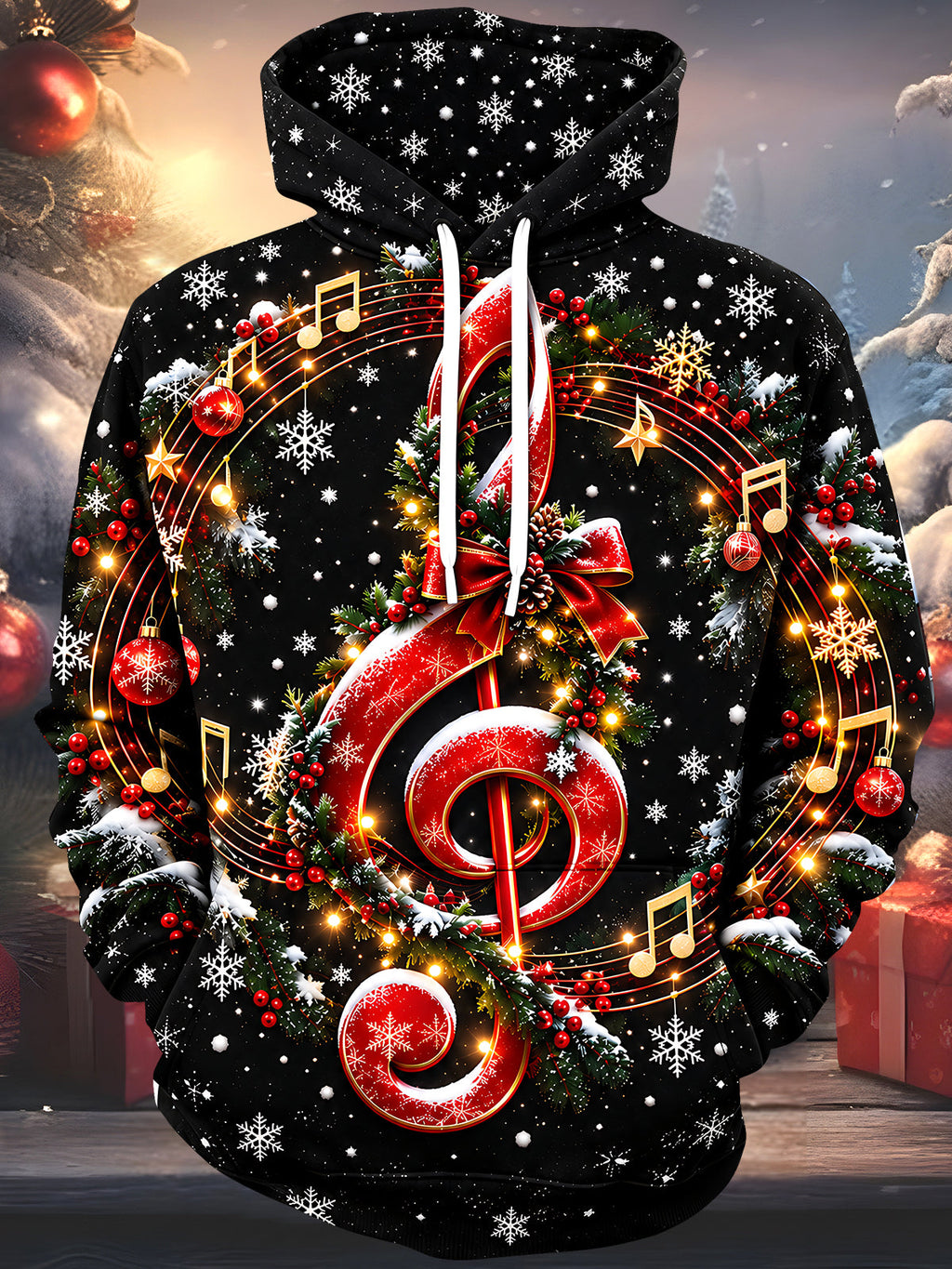Oceanlyte Men's Graphic Christmas Musical Note Print Long Sleeve Hoodie with Chest Pocket