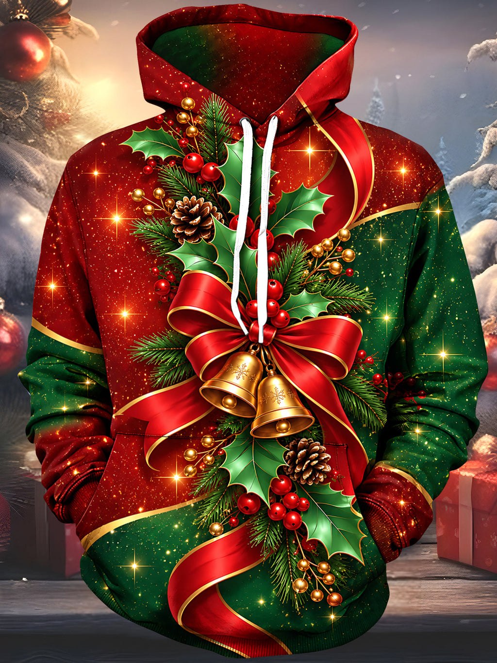 Oceanlyte Men's Printed Christmas Bells Print Long Sleeve Hoodie with Chest Pocket