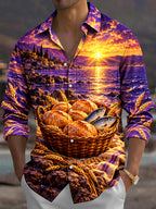 Oceanlyte Men's Miracle Of The Five Loaves And Two Fish With Sunset Print Long Sleeve Shirt with Chest Pocket