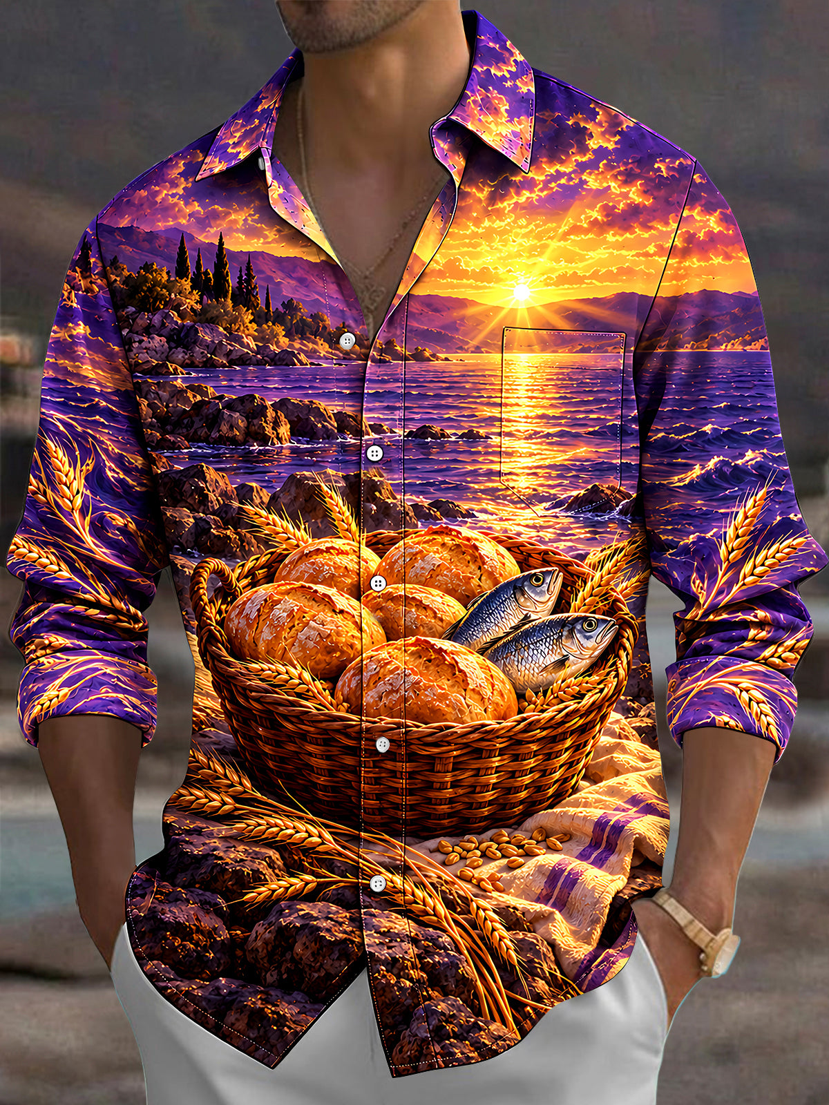 Oceanlyte Men's Miracle Of The Five Loaves And Two Fish With Sunset Print Long Sleeve Shirt with Chest Pocket