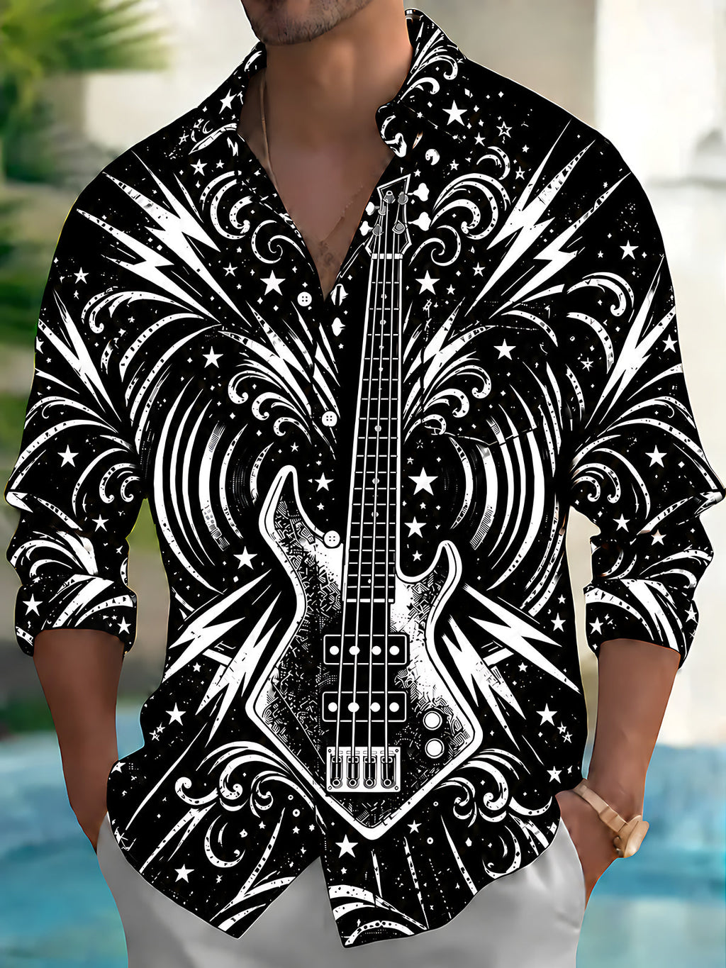 Oceanlyte Men's Bass Guitar With Stars And Lightning Print Long Sleeve Shirt with Chest Pocket