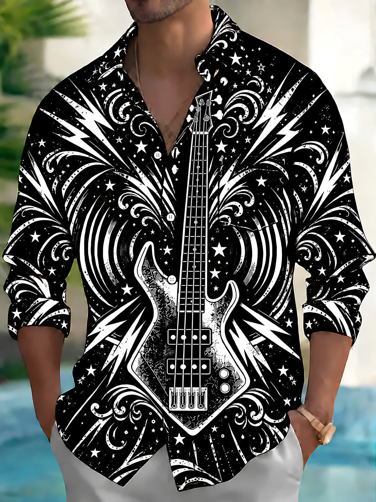 Oceanlyte Men's Bass Guitar With Stars And Lightning Print Long Sleeve Shirt with Chest Pocket