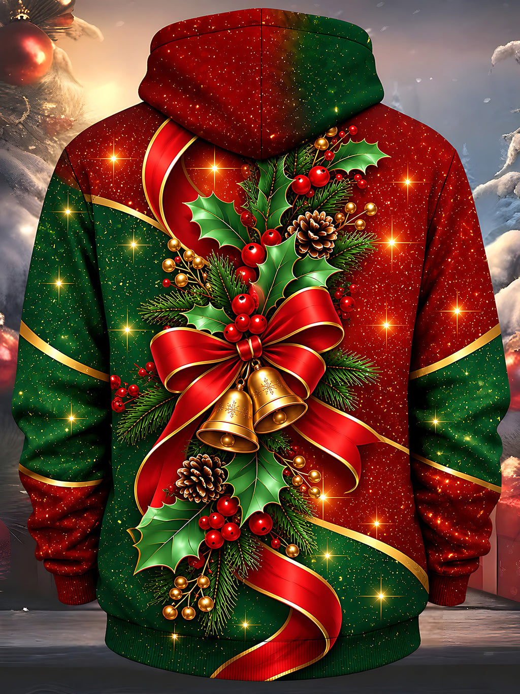 Oceanlyte Men's Printed Christmas Bells Print Long Sleeve Hoodie with Chest Pocket