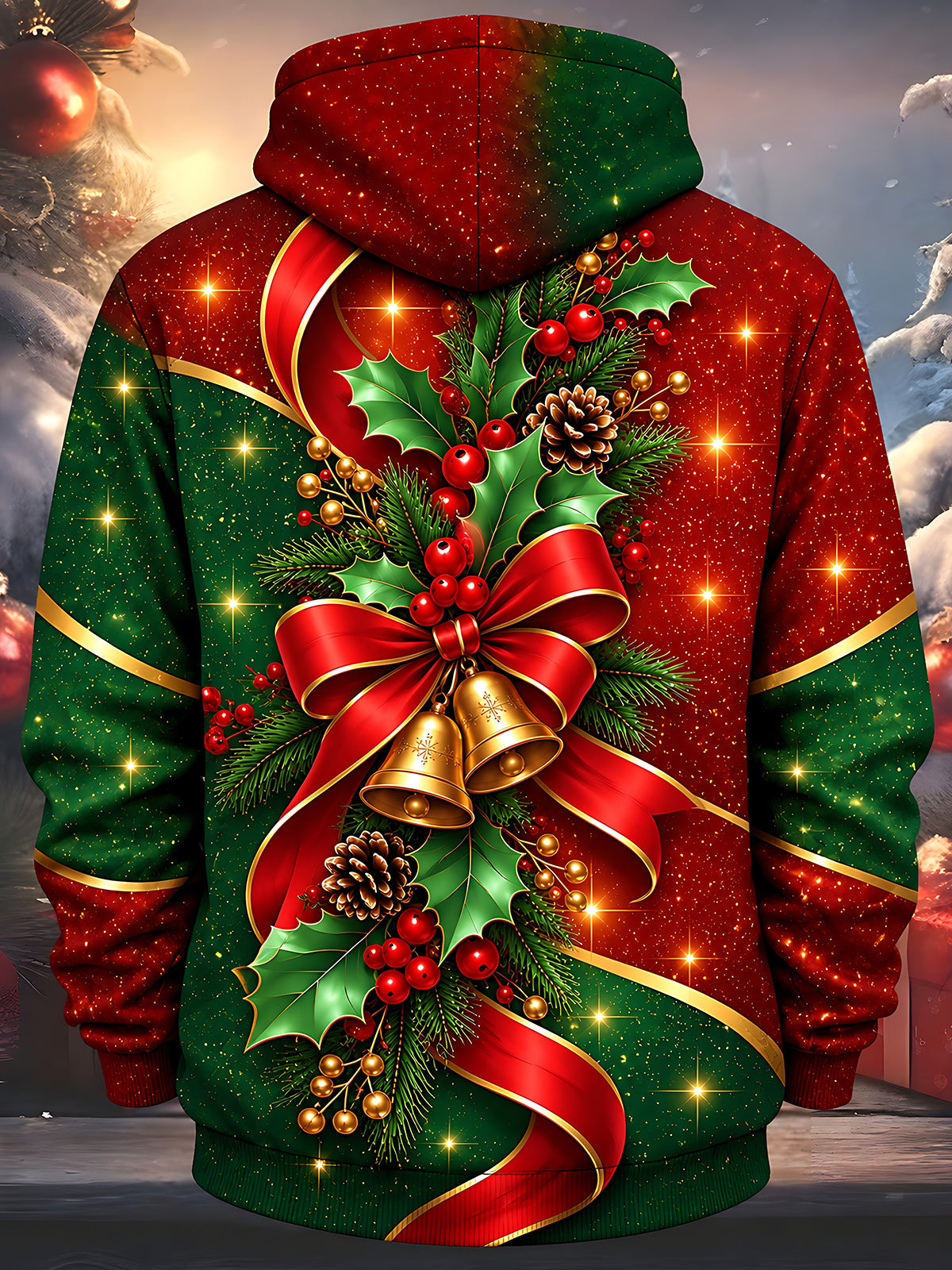 Oceanlyte Men's Printed Christmas Bells Print Long Sleeve Hoodie with Chest Pocket