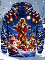 Oceanlyte Men's Graphic Christmas Cross Print Long Sleeve Hoodie with Chest Pocket