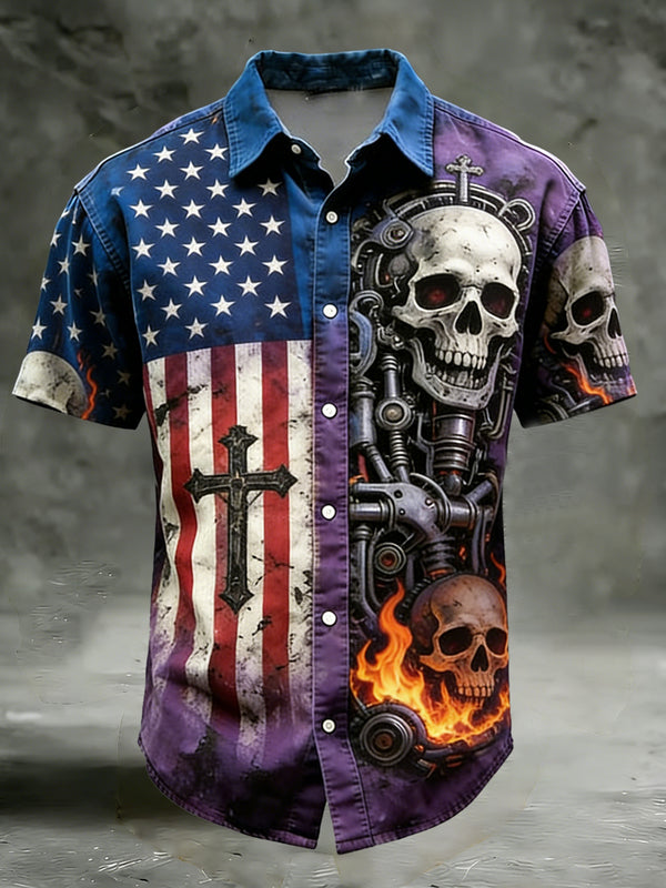 American Flag Skull Print Men's Pocket Short Sleeve Shirts
