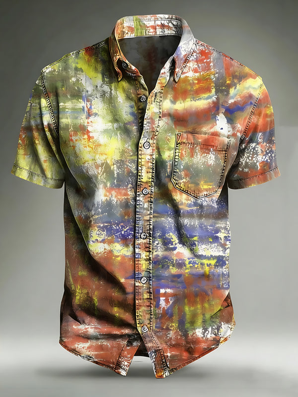 Retro Gradient Print Men's Pocket Short Sleeve Shirts