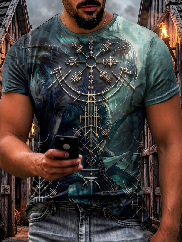 Norse Mythology Rune Symbol Round Neck Short Sleeve Men's T-shirt