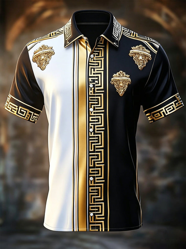 Black White Gold Greek Key Men's Pocket Short Sleeve Shirts