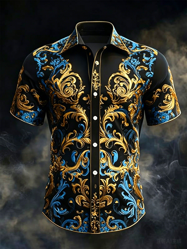 Vintage Dark Blue Gold Baroque Men's Pocket Short Sleeve Shirts