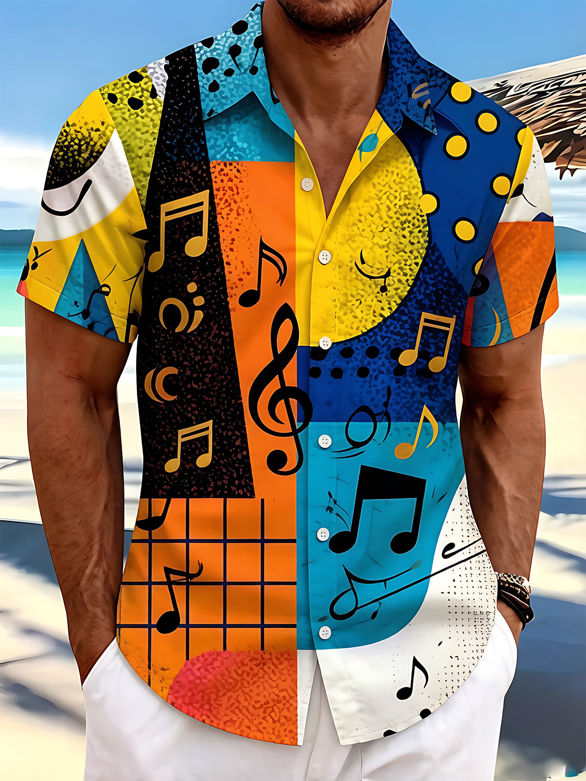 Oceanlyte Men's Abstract Musical Notes Graphic Print Short Sleeve Button Down Shirt with Chest Pocket