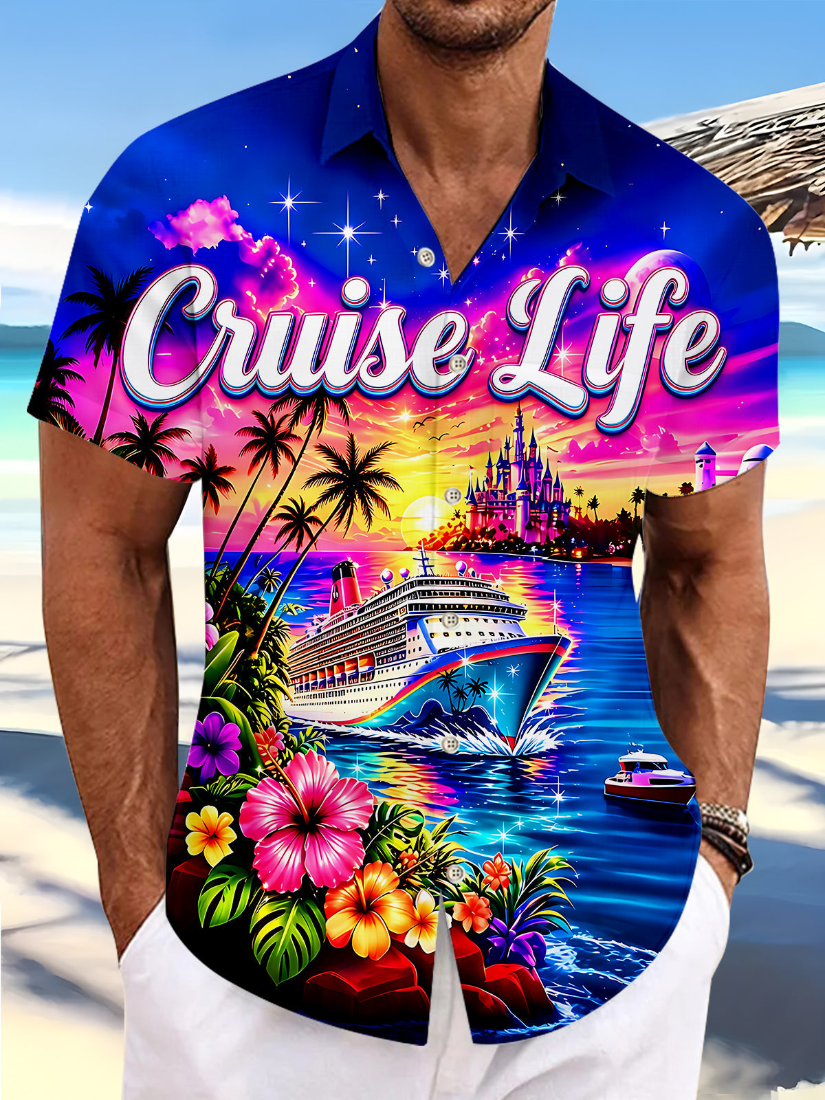 Oceanlyte Men's Pink Graphic Cruise Life Tropical Print Short Sleeve Button Down Shirt with Chest Pocket