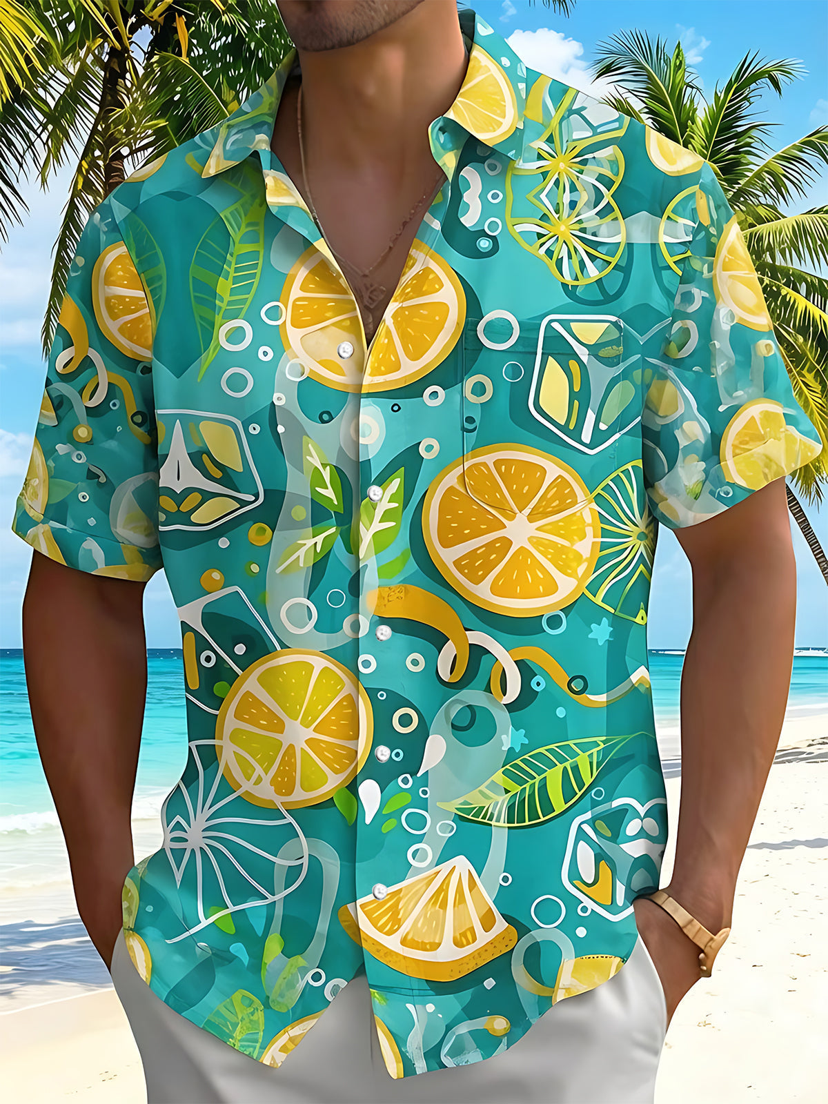 Oceanlyte Men's Graphic Lemon Citrus Fruit Tropical Print Short Sleeve Button Down Shirt with Chest Pocket