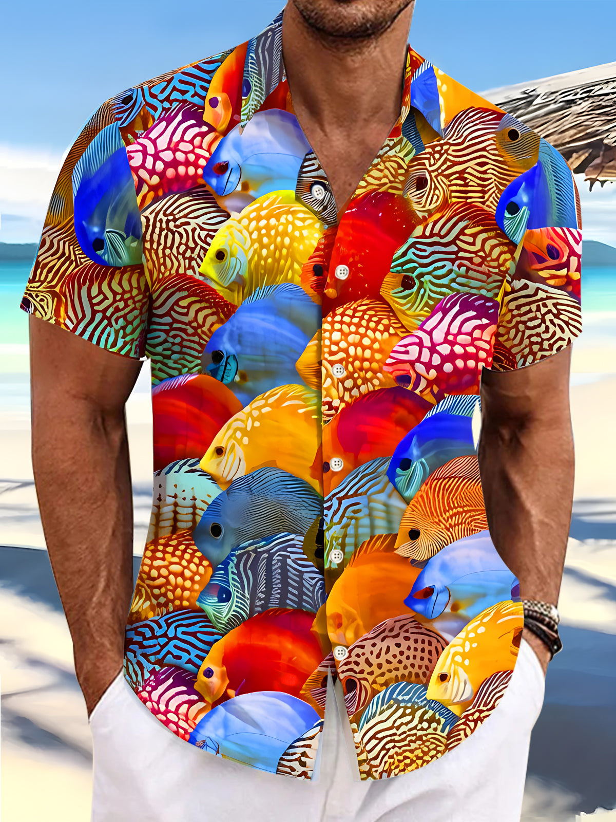 Oceanlyte Men's Graphic Colorful Tropical Fish Print Short Sleeve Button Down Shirt with Chest Pocket