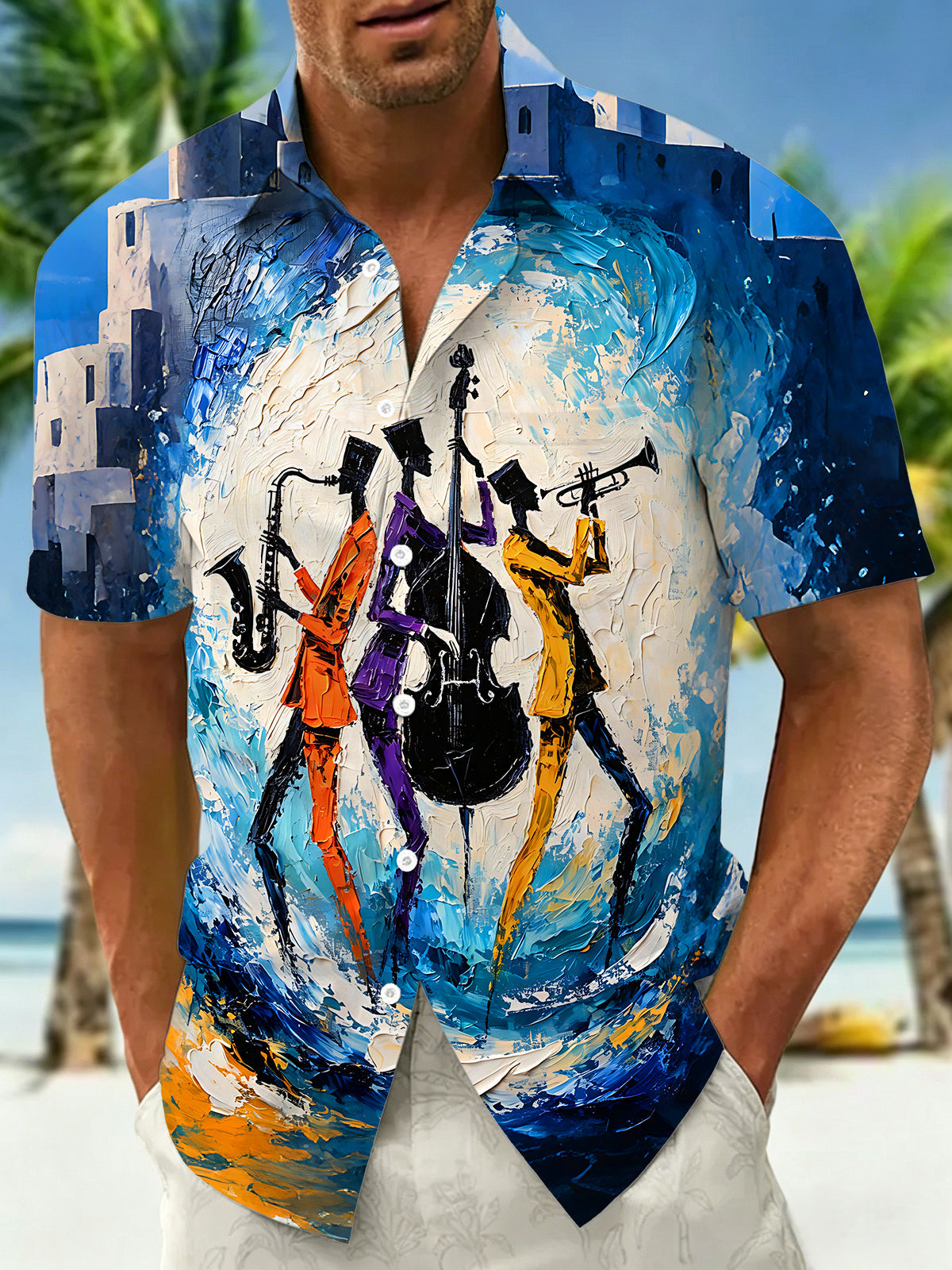 Oceanlyte Men's Graphic Abstract Jazz Band Musicians Print Short Sleeve Button Down Shirt with Chest Pocket