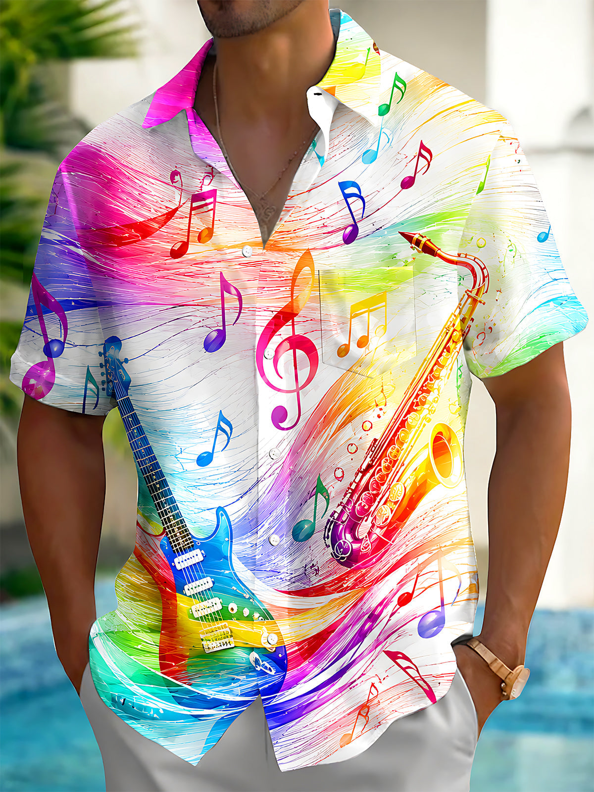 Oceanlyte Men's Graphic Abstract Musical Instrument Note Print Short Sleeve Button Down Shirt with Chest Pocket
