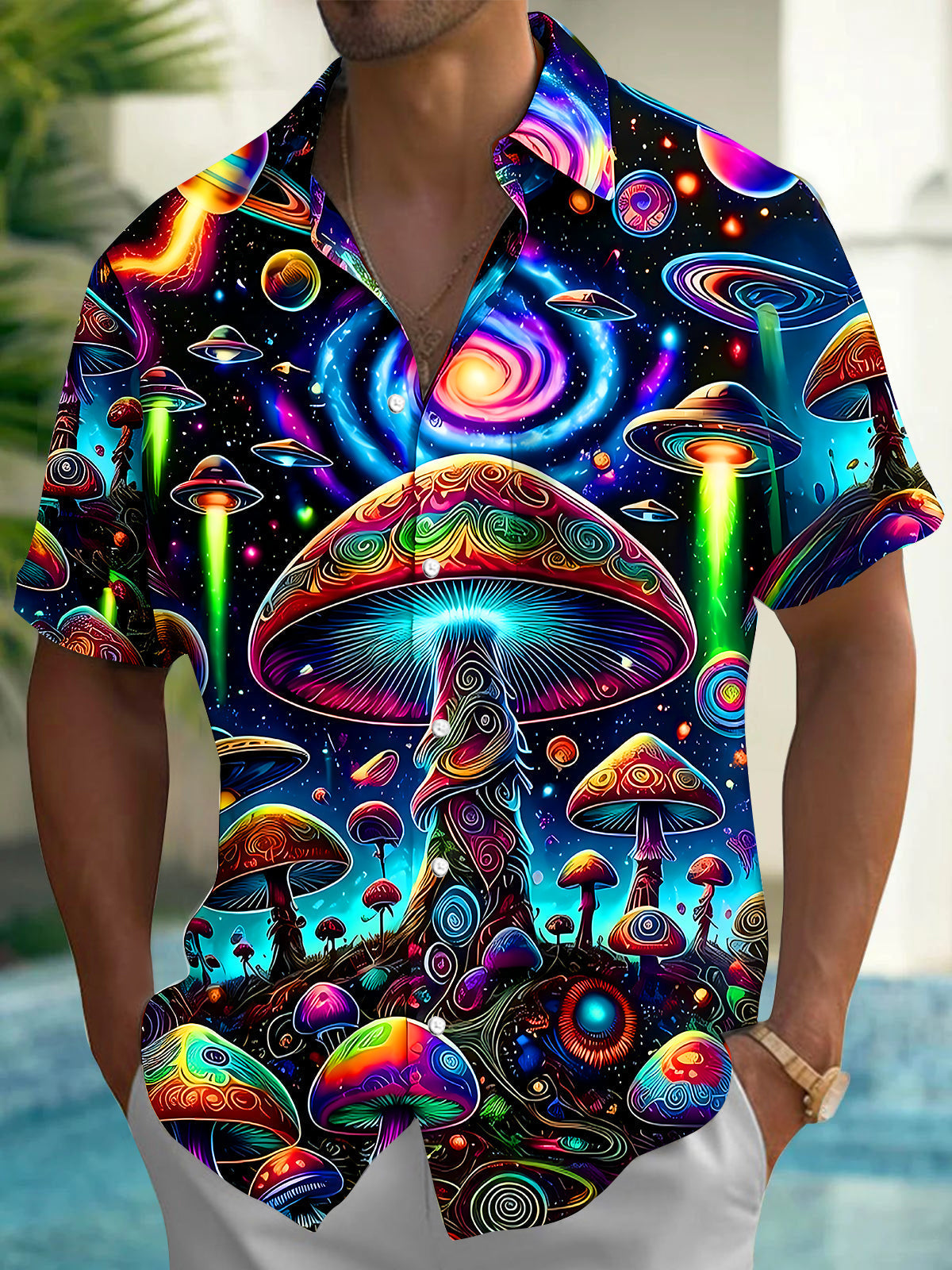 Oceanlyte Men's Graphic Psychedelic Mushroom Space Print Short Sleeve Button Down Shirt with Chest Pocket