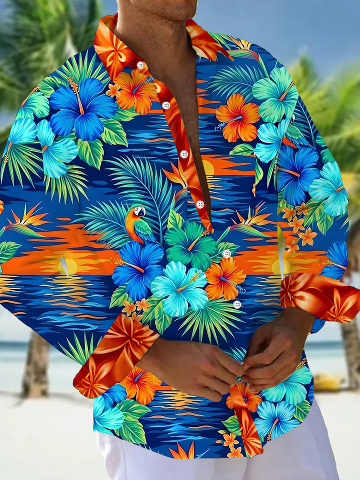 Oceanlyte Men's Hawaiian Floral Tropical Hibiscus Parrot Sunset Print Long Sleeve Button Down Shirt with Chest Pocket