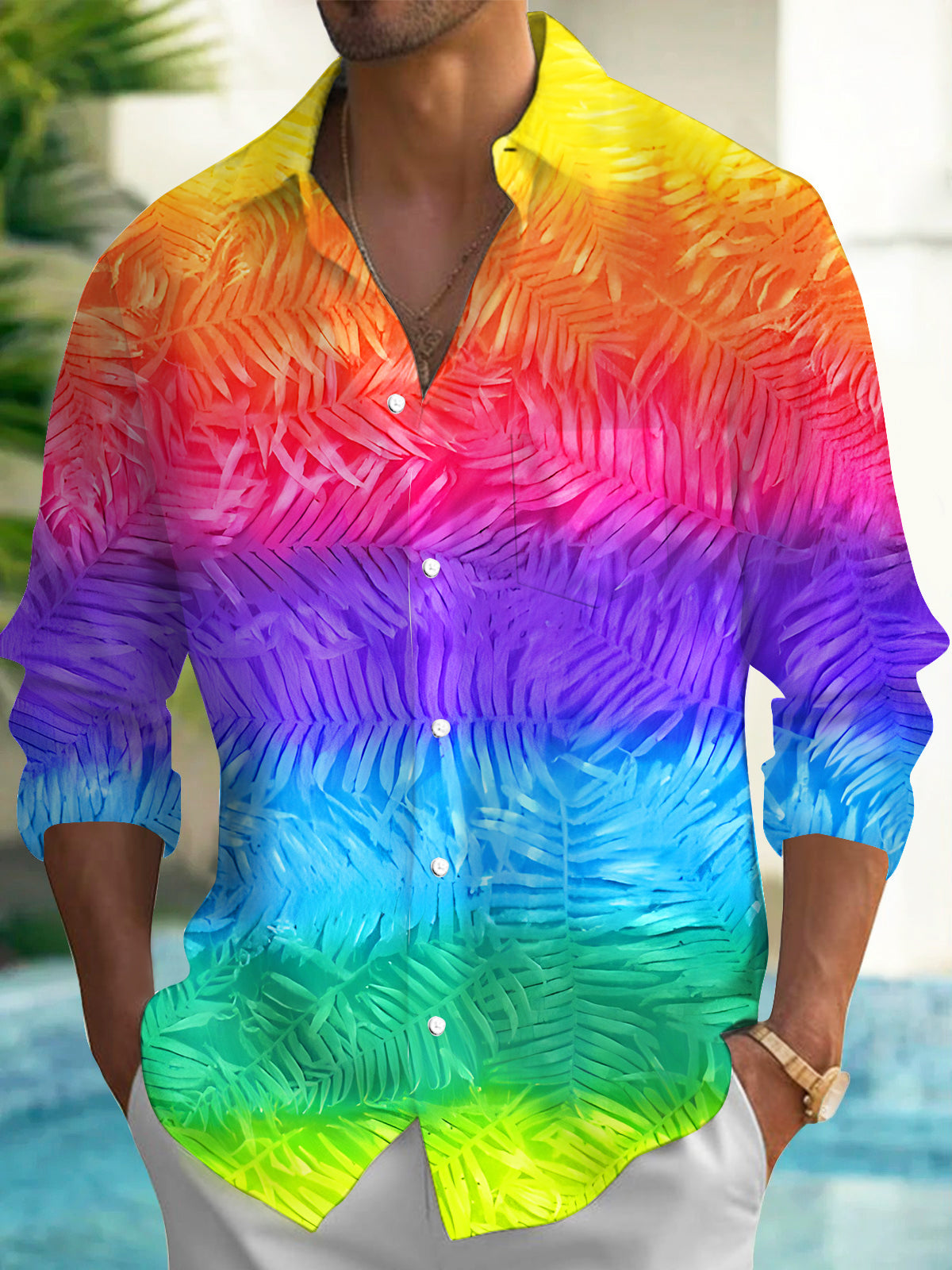 Oceanlyte Men's Tropical Rainbow Gradient Palm Leaf Print Long Sleeve Button Down Shirt with Chest Pocket