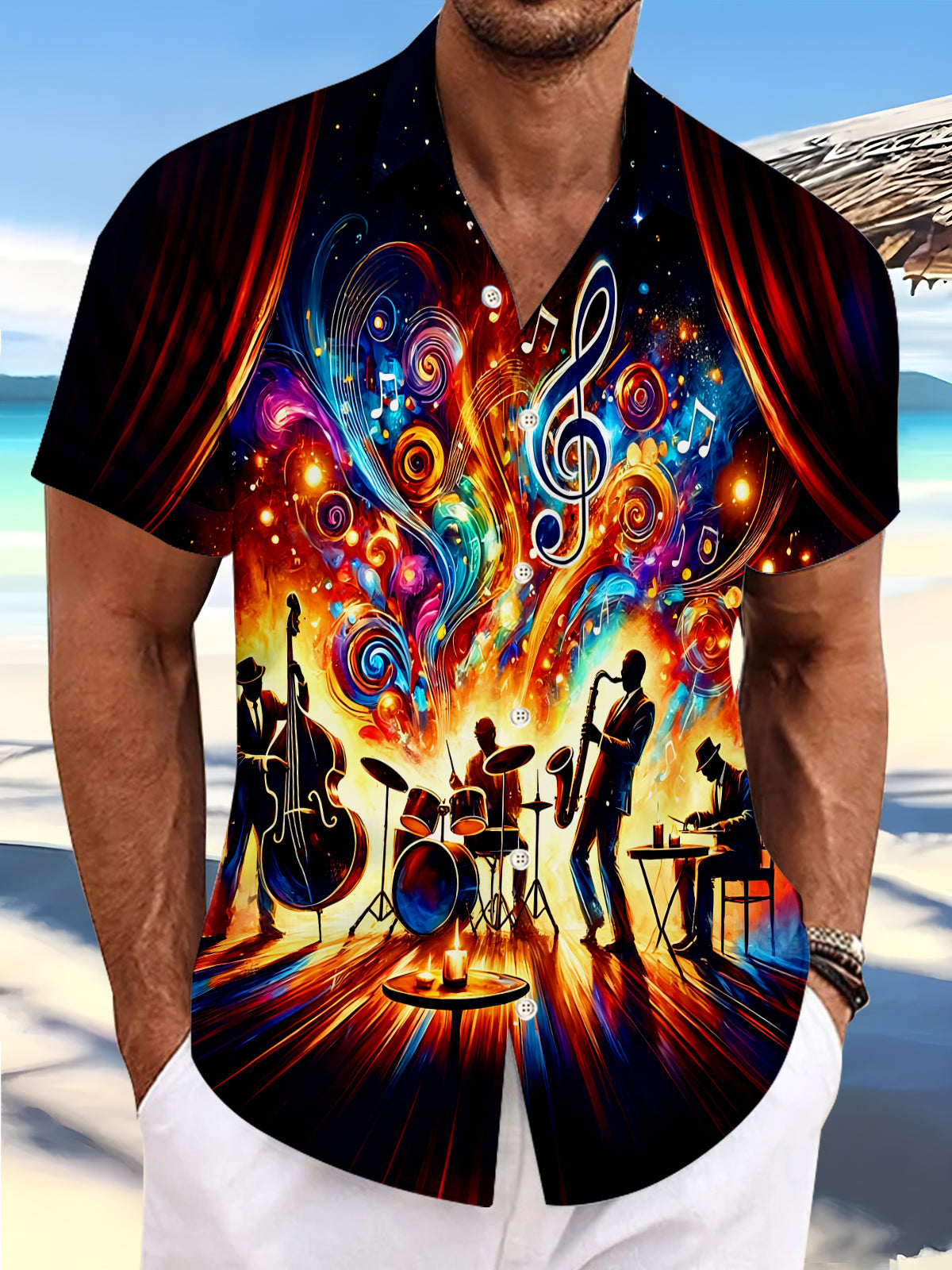 Oceanlyte Men's Graphic Abstract Jazz Band Musical Swirl Print Short Sleeve Button Down Shirt with Chest Pocket