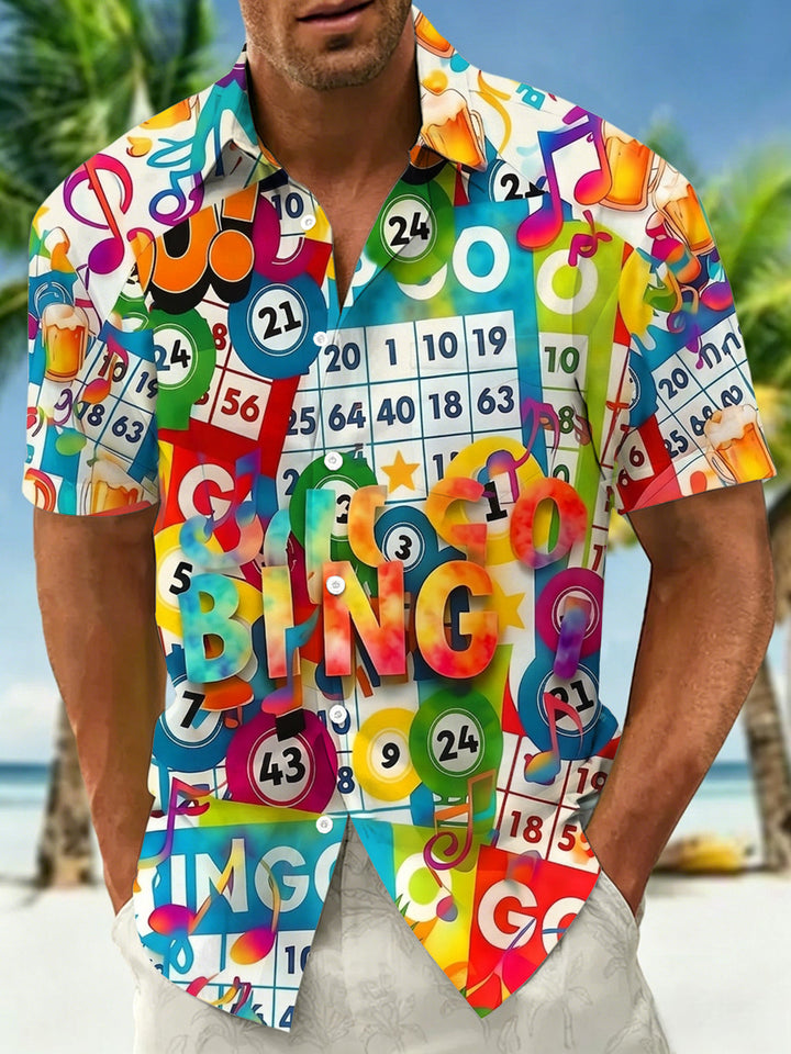 Oceanlyte Men's Graphic Go Bingo Game Print Short Sleeve Button Down Shirt with Chest Pocket