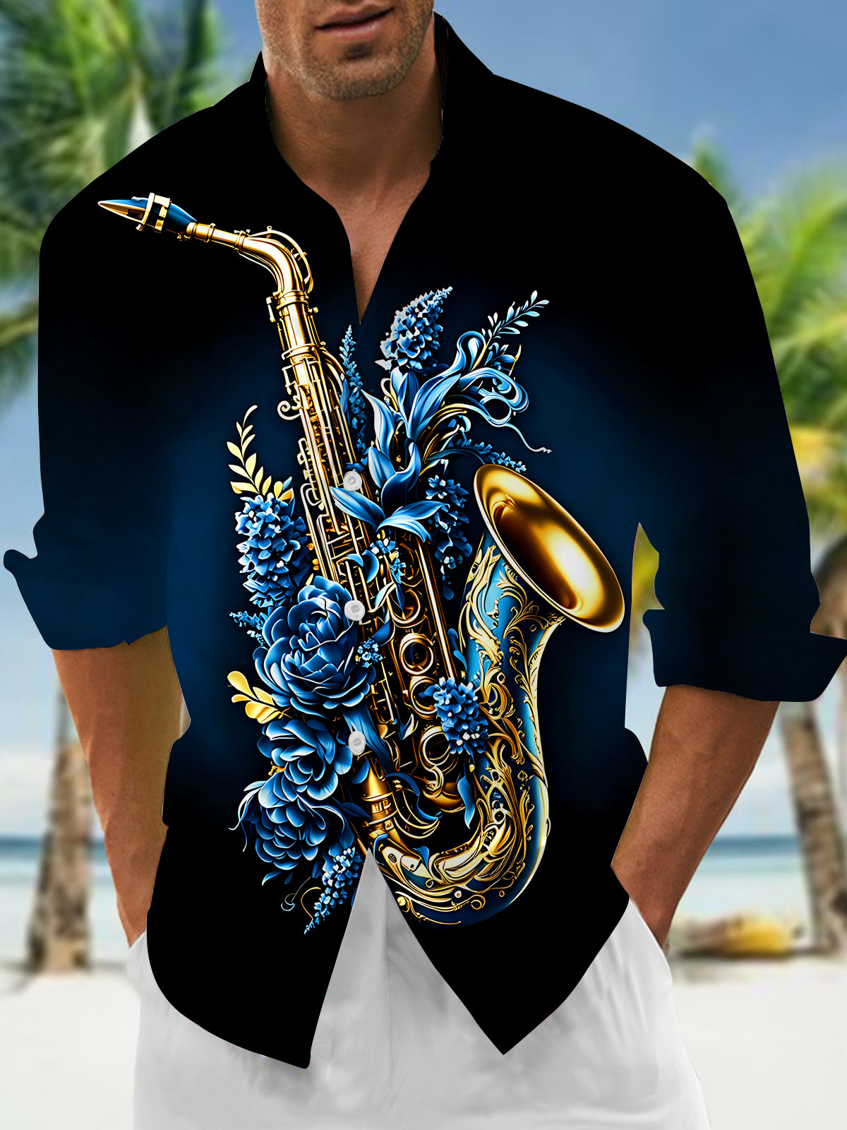 Artistic Gilded Saxophone Music Instruments Men's Pocket Long Sleeve Shirts