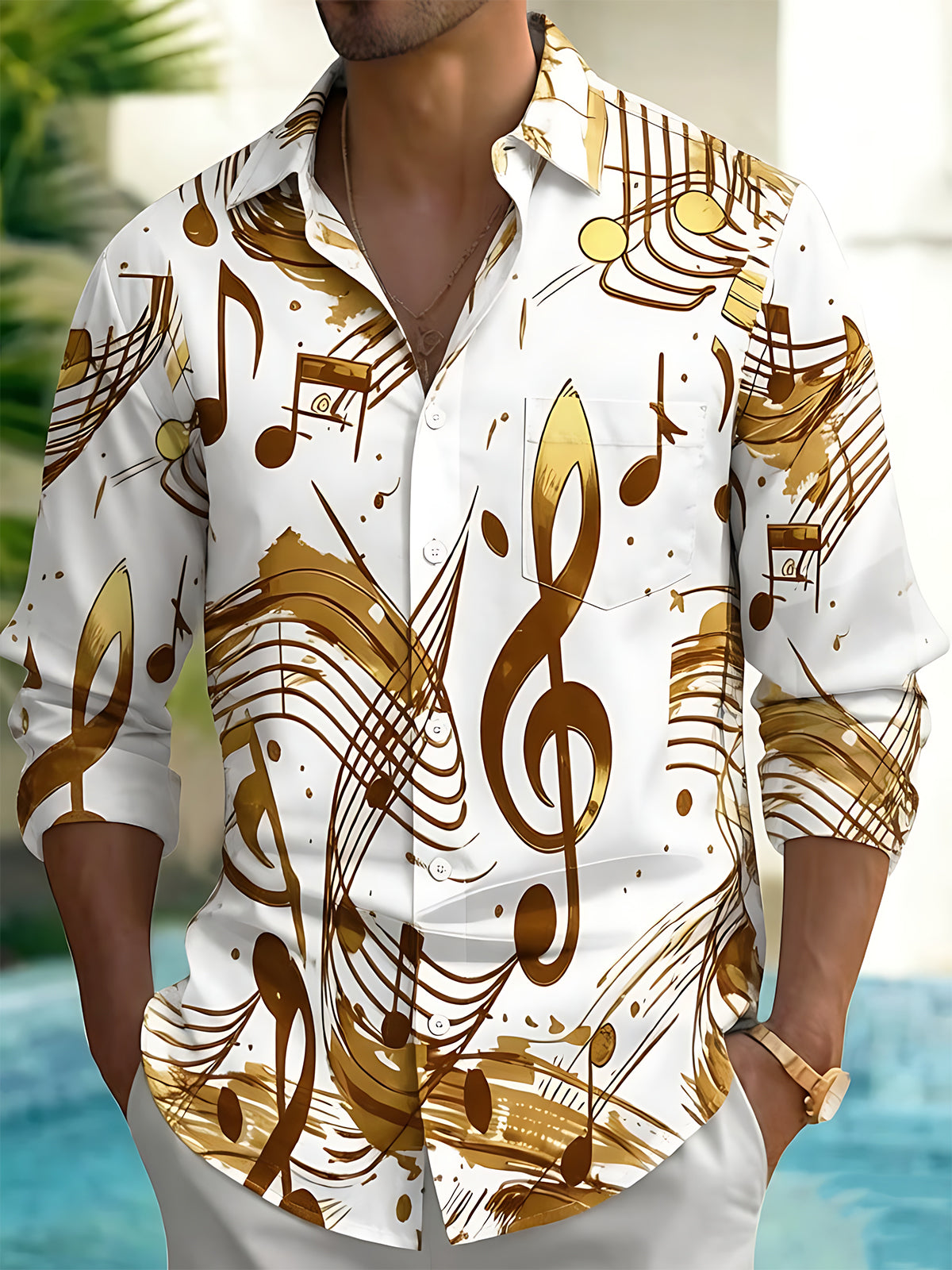 Oceanlyte Men's Graphic Abstract Gold Musical Notes Print Long Sleeve Button Down Shirt with Chest Pocket
