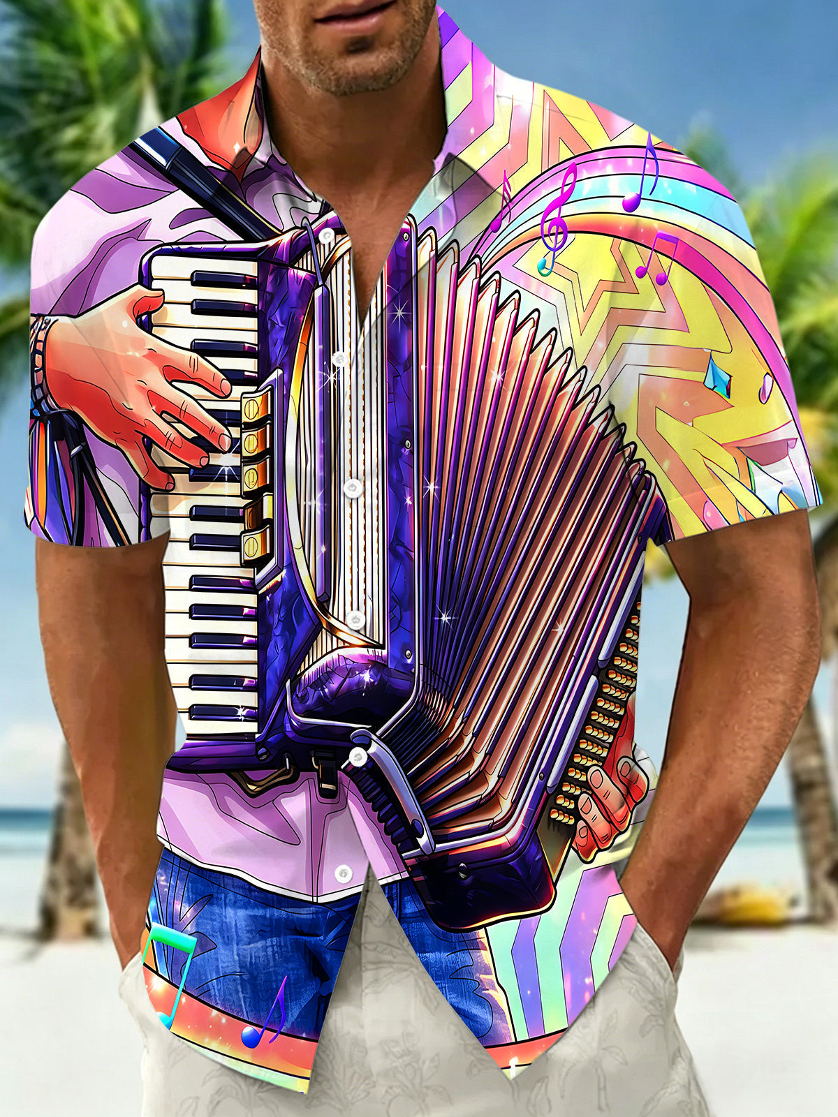 Oceanlyte Men's Abstract Accordion Musical Instrument Graphic Print Short Sleeve Button Down Shirt with Chest Pocket