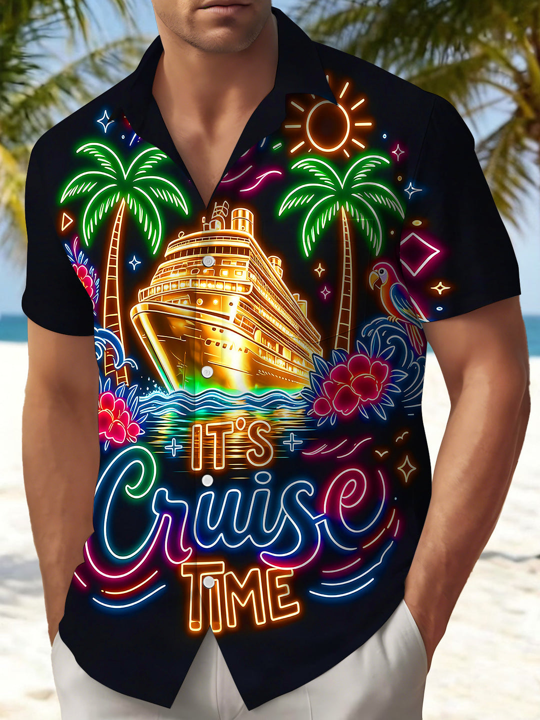 Neon Colorful Cruise Vacation Men's Pocket Short Sleeve Shirts