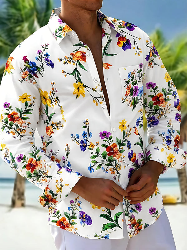 Hawaiian Wild Floral Print Men's Pocket Long Sleeve Shirts