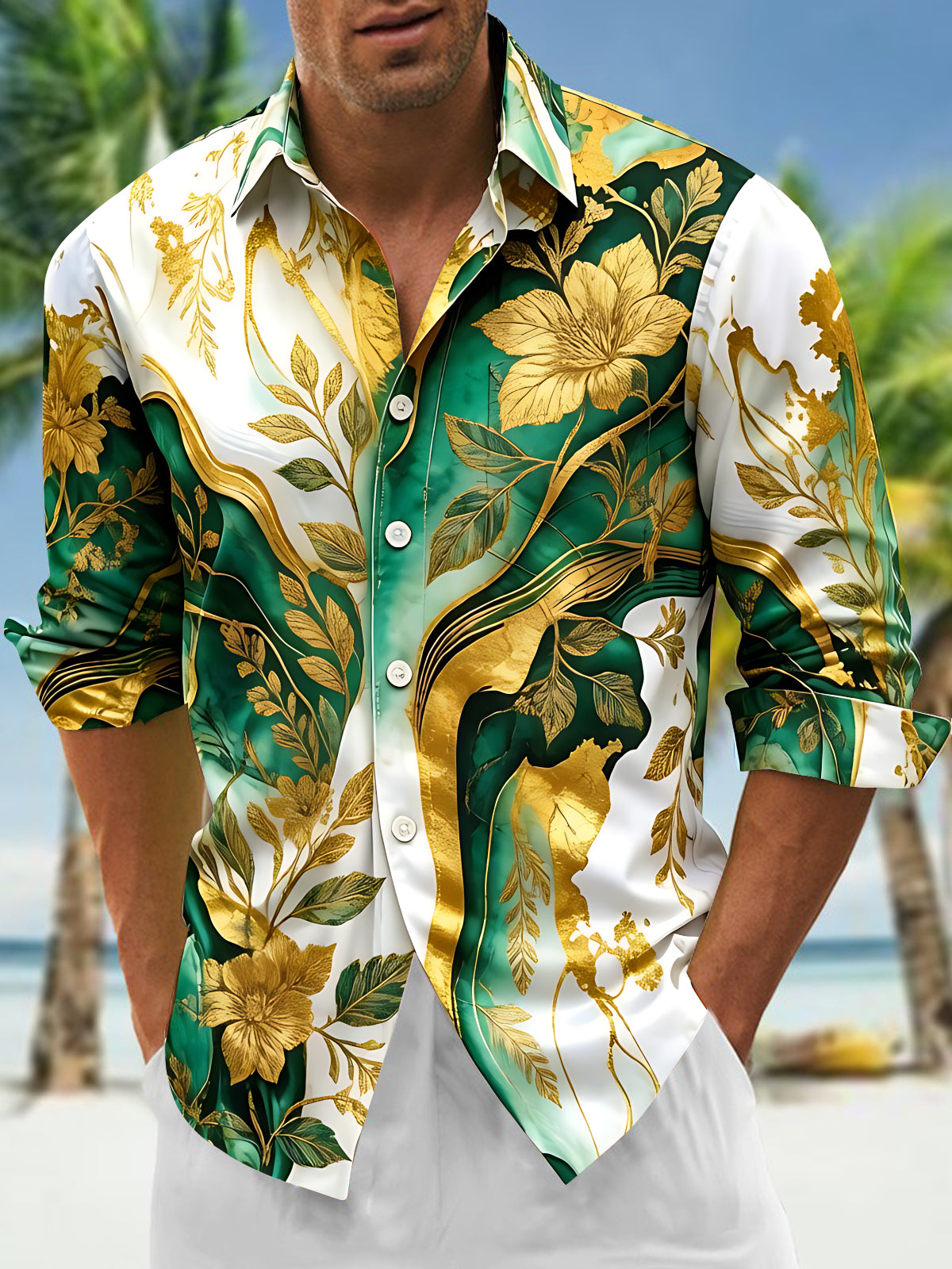 Oceanlyte Men's Tropical Green Floral Leaf Print Long Sleeve Button Down Shirt with Chest Pocket