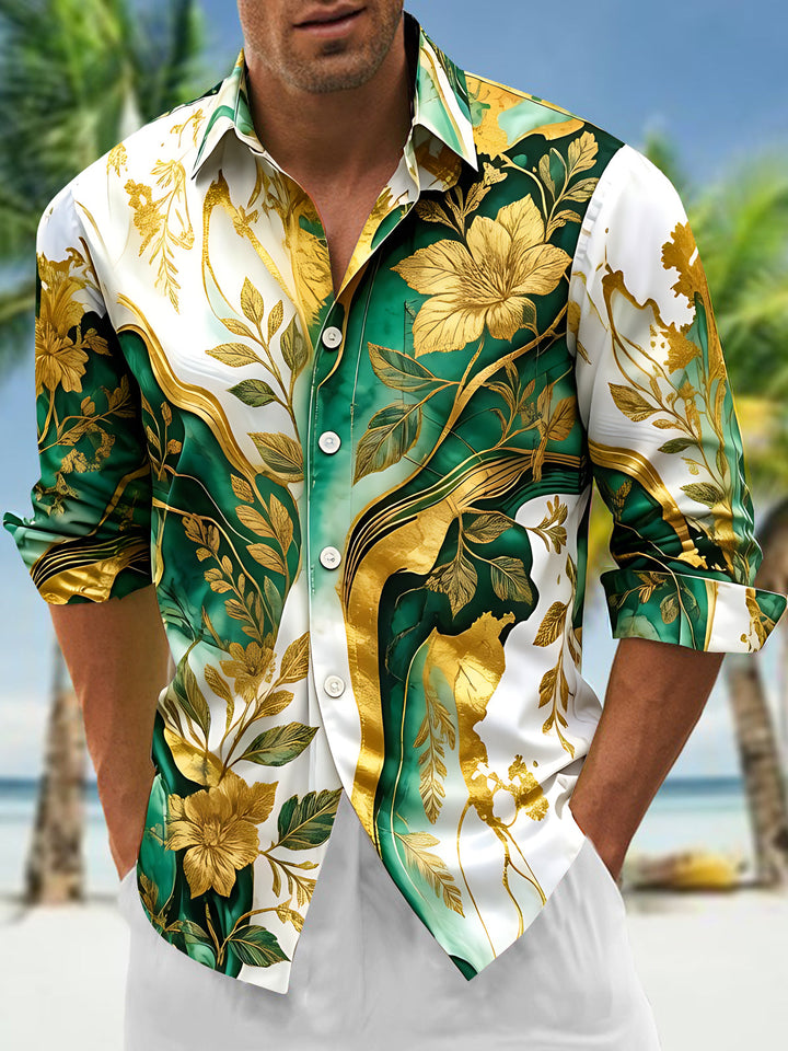 Oceanlyte Men's Tropical Green Floral Leaf Print Long Sleeve Button Down Shirt with Chest Pocket