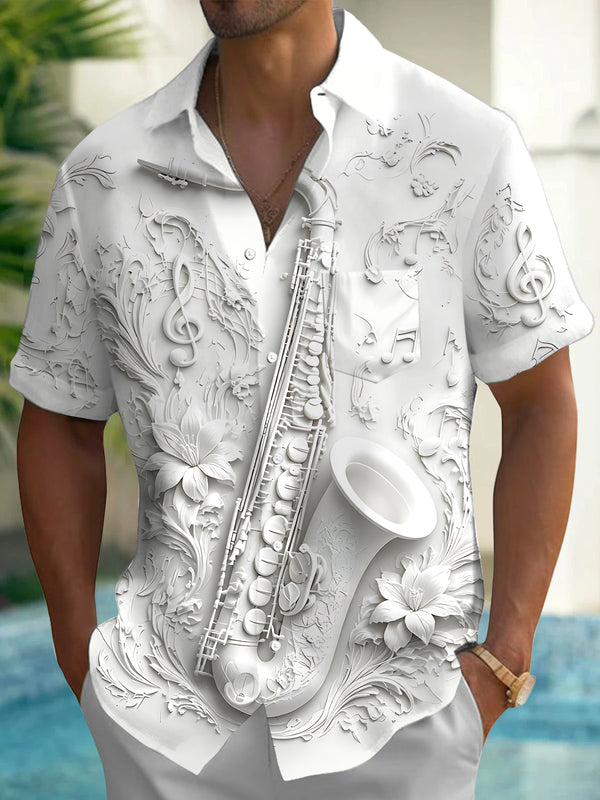 Oceanlyte Men's Graphic Floral 3D Saxophone Musical Print Short Sleeve Button Down Shirt with Chest Pocket
