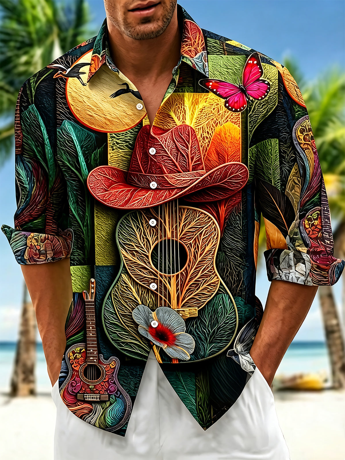 Oceanlyte Men's Floral 3D Cowboy Hat Guitar Graphic Print Long Sleeve Button Down Shirt with Chest Pocket