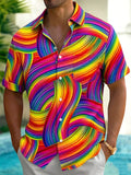 Oceanlyte Men's Abstract Rainbow Wavy Stripe Print Short Sleeve Button Down Shirt with Chest Pocket