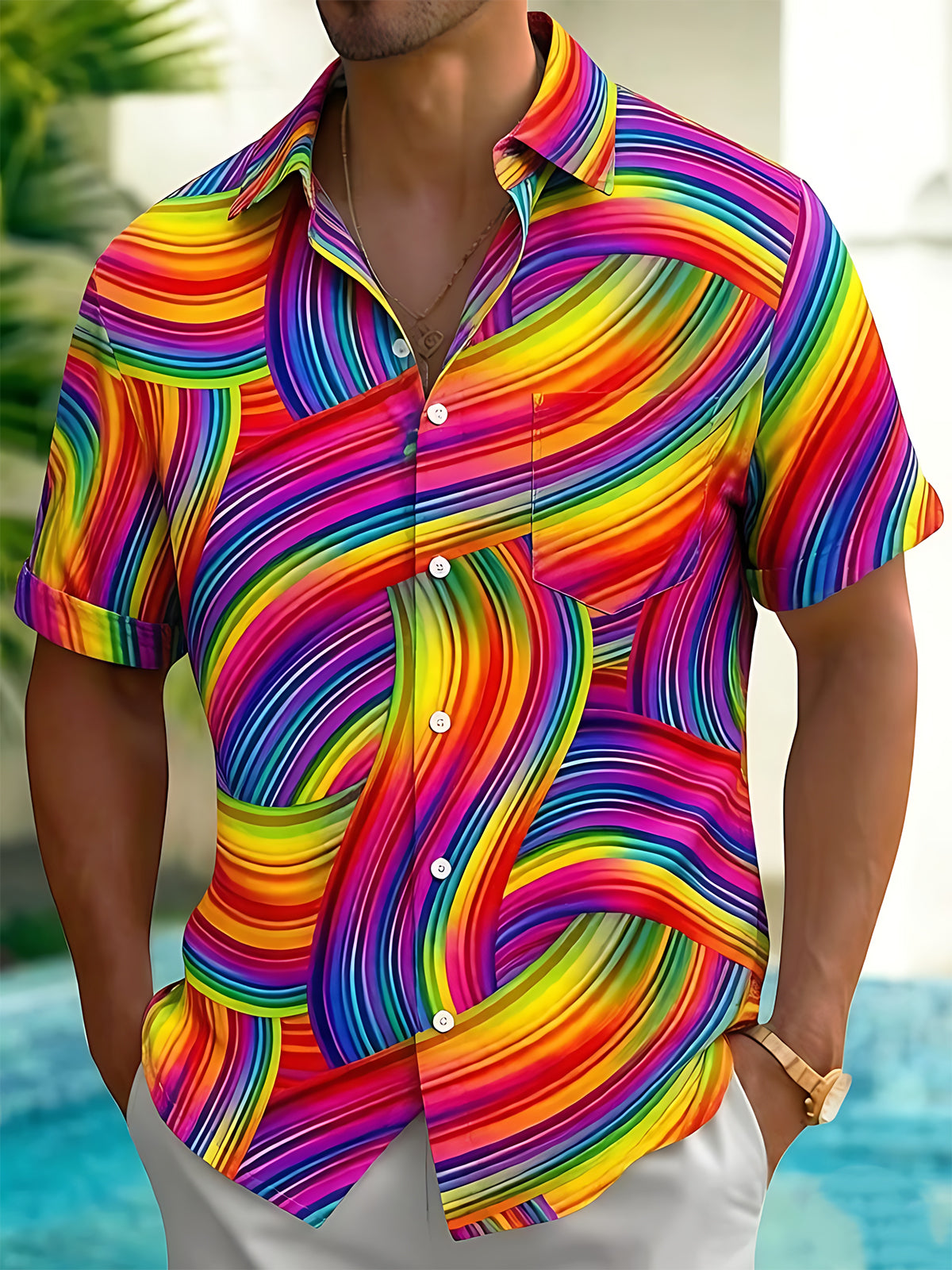 Oceanlyte Men's Abstract Rainbow Wavy Stripe Print Short Sleeve Button Down Shirt with Chest Pocket