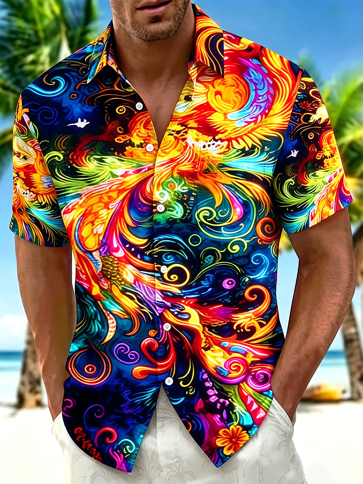 Oceanlyte Men's Graphic Floral Colorful Phoenix Bird Swirl Print Short Sleeve Button Down Shirt with Chest Pocket
