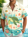 Oceanlyte Men's Hawaiian Sea Turtle Ocean Print Short Sleeve Button Down Shirt with Chest Pocket