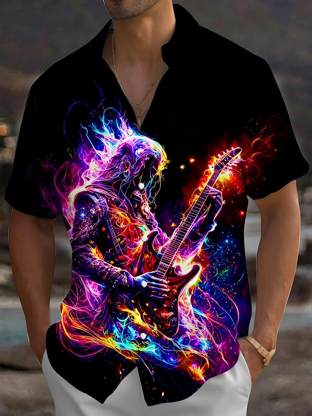 Oceanlyte Men's Graphic Abstract Neon Guitarist Flame Print Short Sleeve Button Down Shirt with Chest Pocket