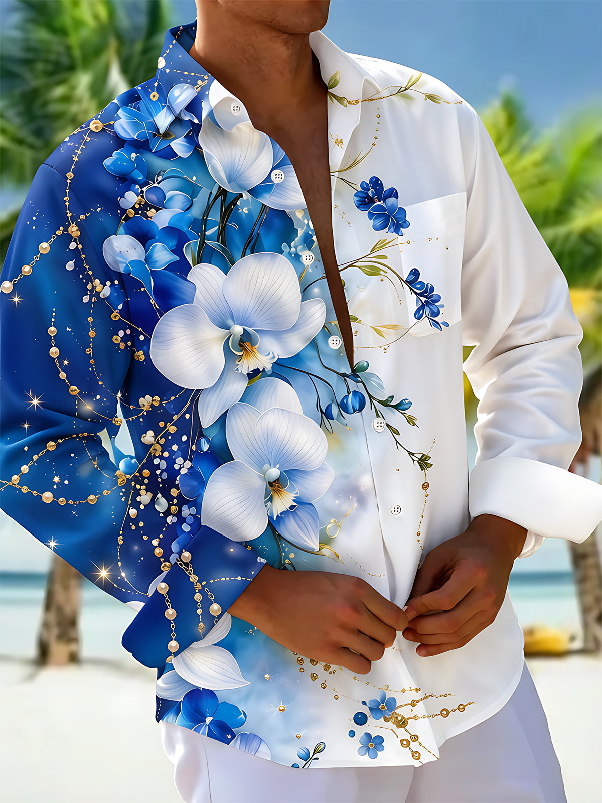 Oceanlyte Men's Graphic Blue Orchid Floral Print Long Sleeve Button Down Shirt with Chest Pocket
