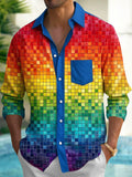 Oceanlyte Men's Geometric Rainbow Gradient Mosaic Tile Print Long Sleeve Button Down Shirt with Chest Pocket