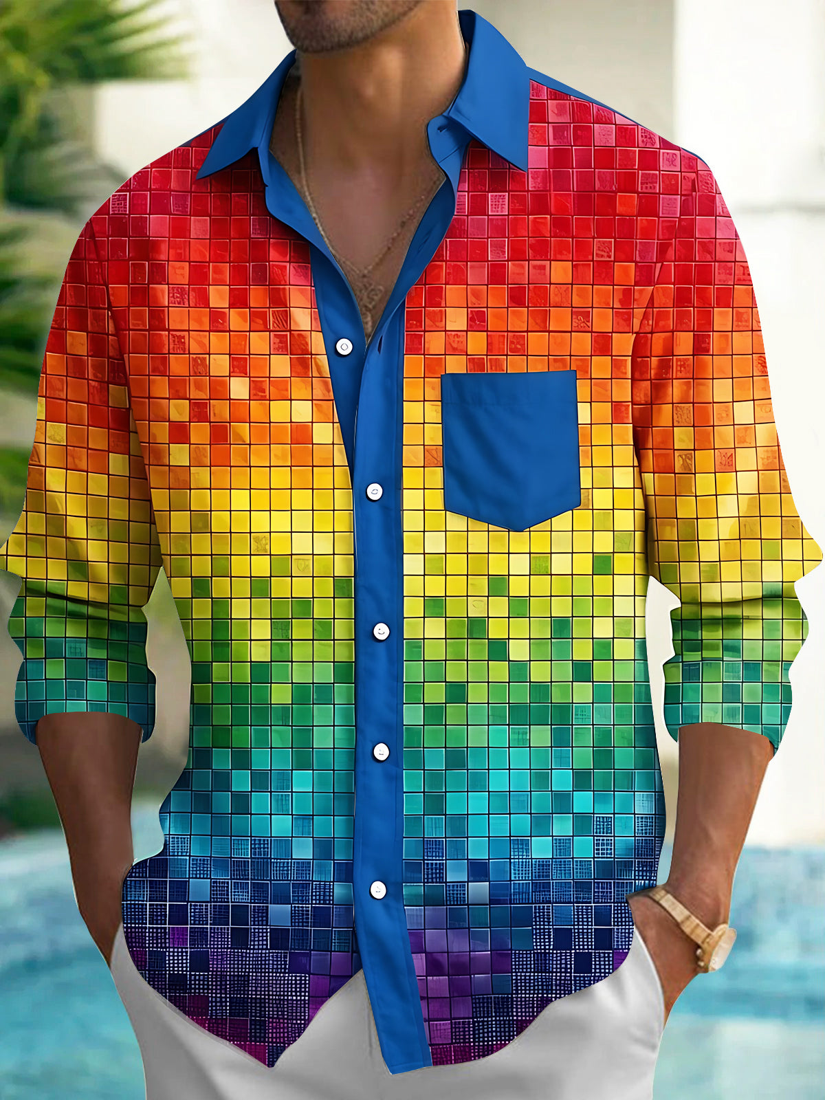Oceanlyte Men's Geometric Rainbow Gradient Mosaic Tile Print Long Sleeve Button Down Shirt with Chest Pocket