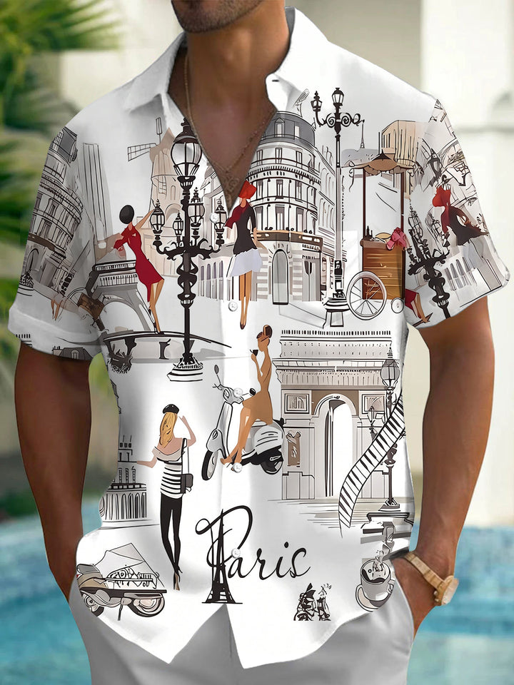 Oceanlyte Men's Graphic Paris Cityscape Sketch Print Short Sleeve Button Down Shirt with Chest Pocket