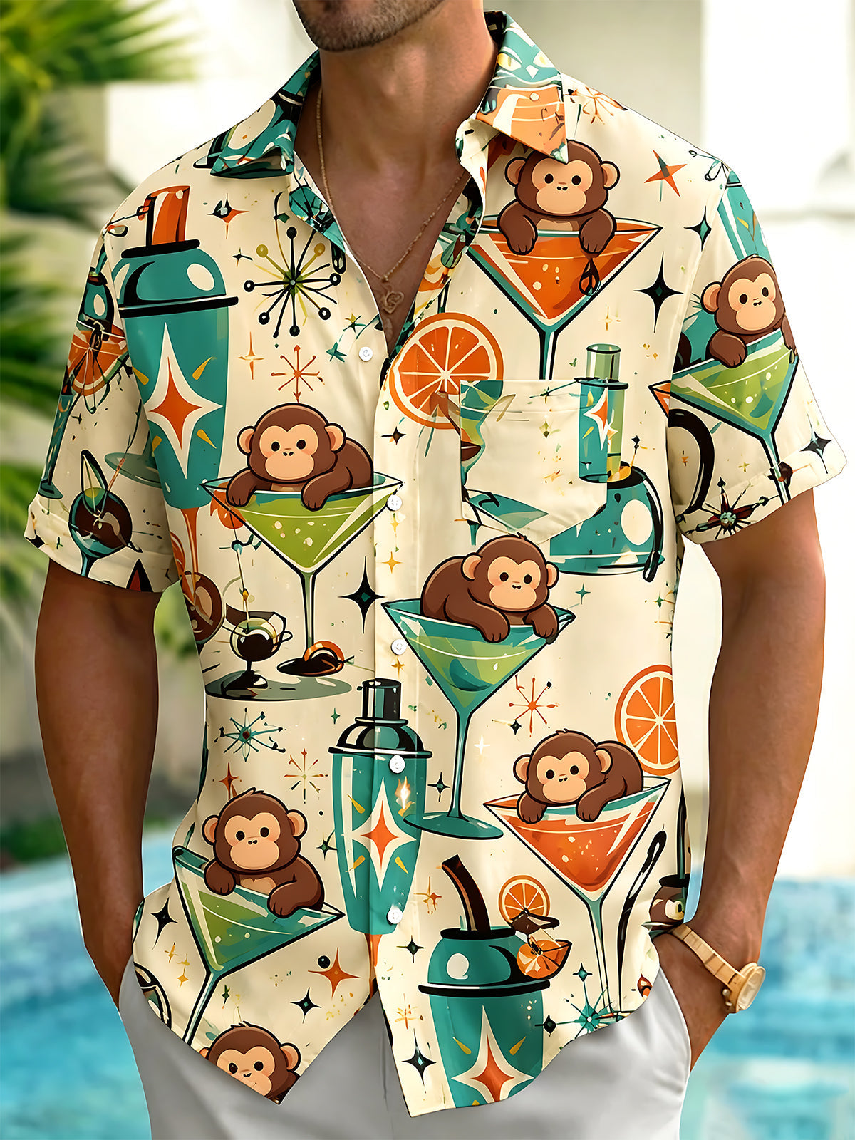 Oceanlyte Men's Graphic Retro Monkey Martini Cocktail Print Short Sleeve Button Down Shirt with Chest Pocket